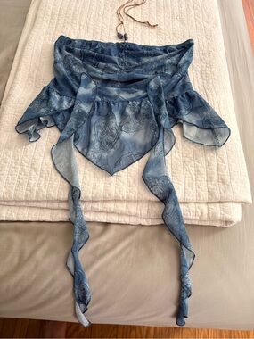 Romwe Y2K Women’s halter top fairy paisley print Blue Semi Sheer Festival Size L